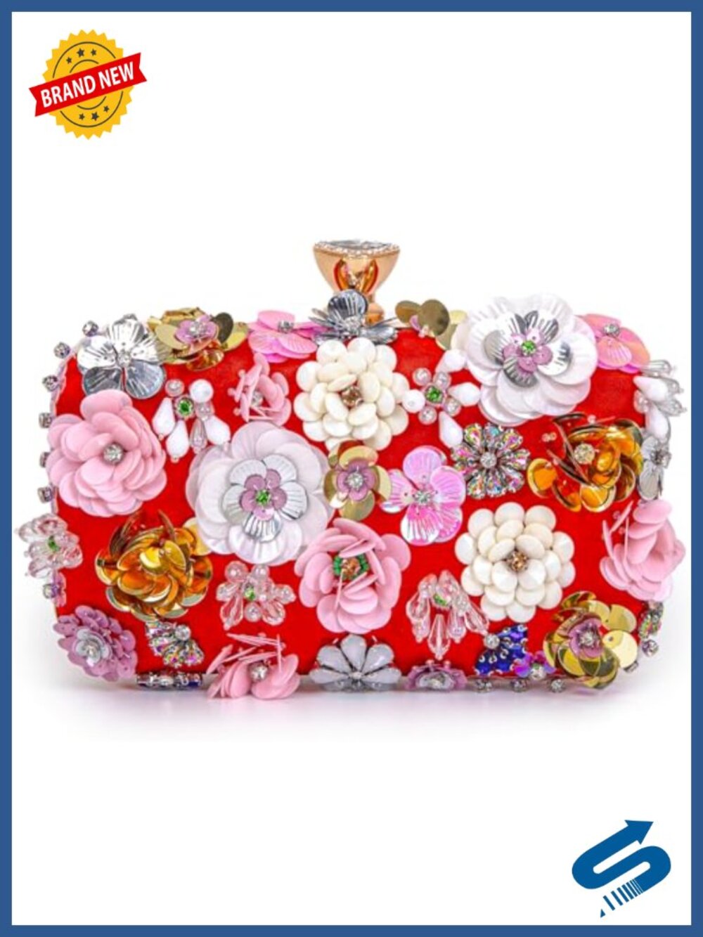 PU Leather Sequin 3D Flower Clutch Evening Bag Chain Strap Wedding Purse